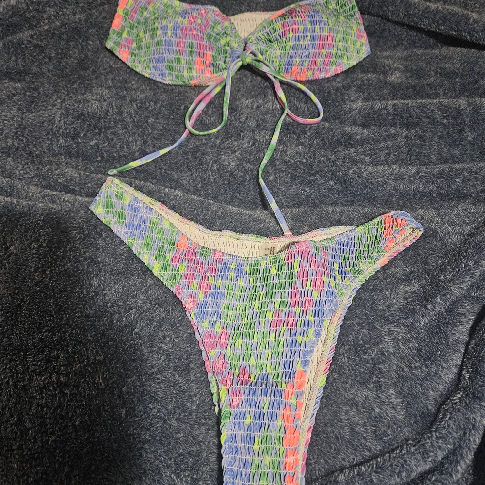 Smocked Multicolor Floral Bikini Set in Green and Blue